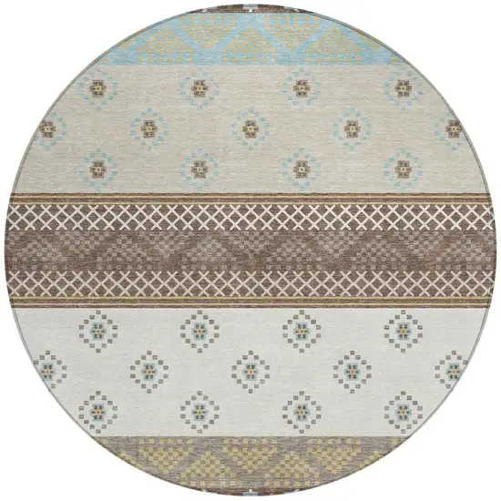8' Chocolate And Green Round Striped Washable Indoor Outdoor Area Rug Photo 3