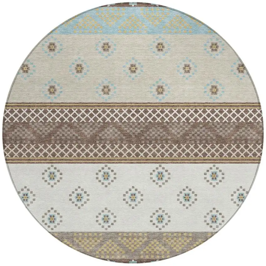 8' Chocolate And Green Round Striped Washable Indoor Outdoor Area Rug Photo 3