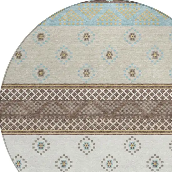 8' Chocolate And Green Round Striped Washable Indoor Outdoor Area Rug Photo 4