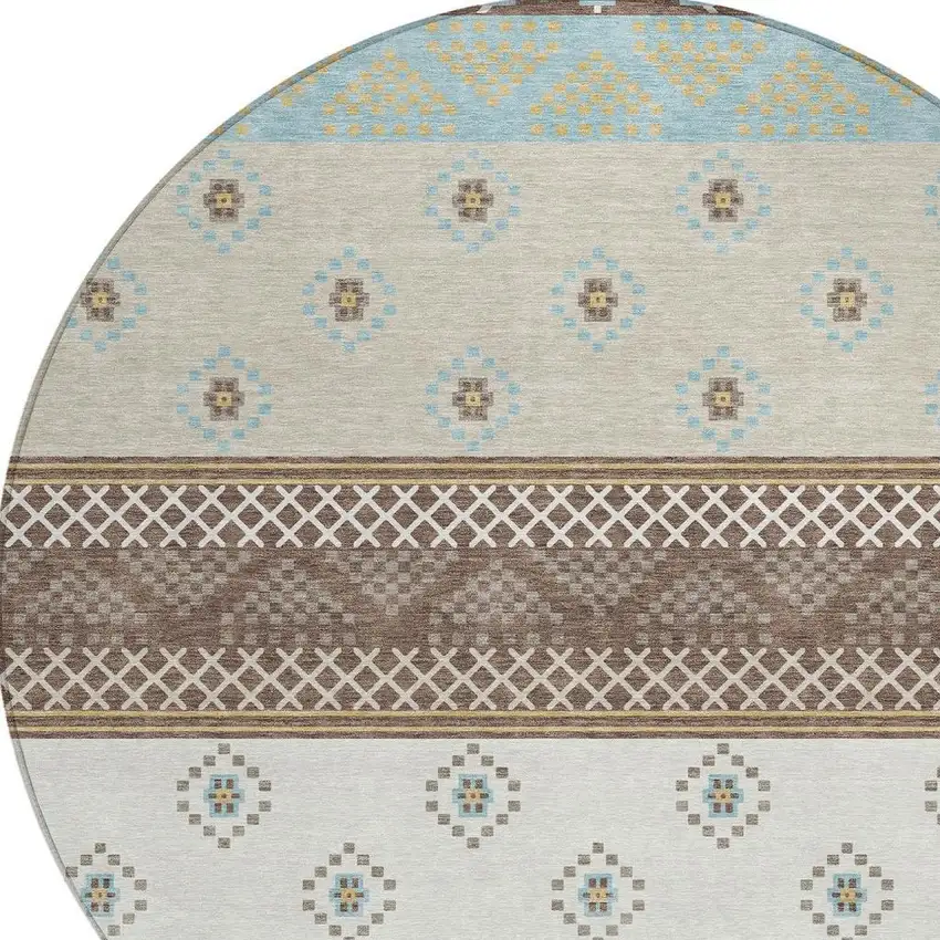 8' Chocolate And Green Round Striped Washable Indoor Outdoor Area Rug Photo 4