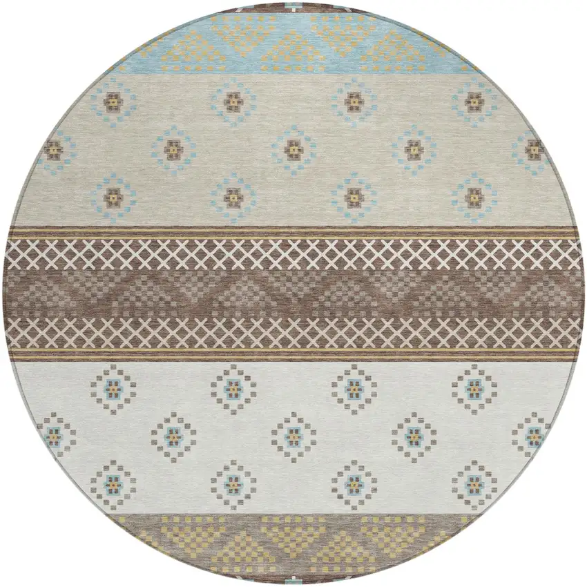 8' Chocolate And Green Round Striped Washable Indoor Outdoor Area Rug Photo 2