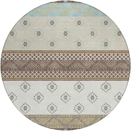 8' Chocolate And Green Round Striped Washable Indoor Outdoor Area Rug Photo 2