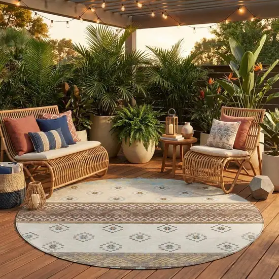 8' Chocolate And Green Round Striped Washable Indoor Outdoor Area Rug Photo 1