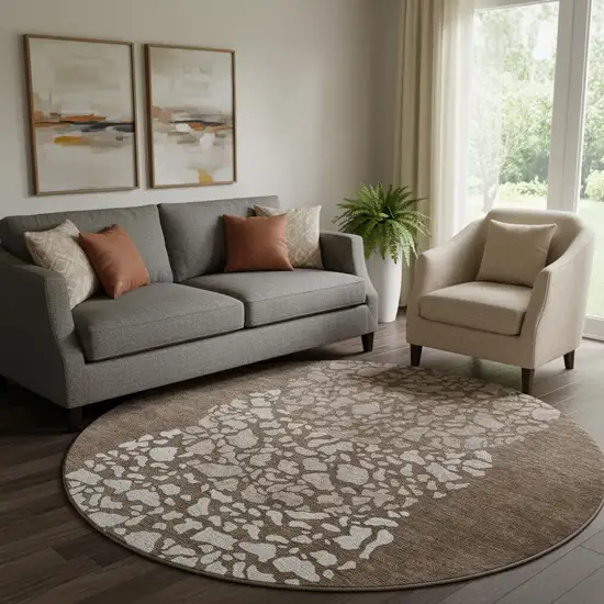 8' Chocolate And Ivory Abstract Washable Round Rug With UV Protection Photo 1