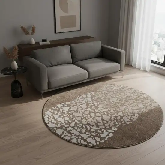 8' Chocolate And Ivory Abstract Washable Round Rug With UV Protection Photo 2