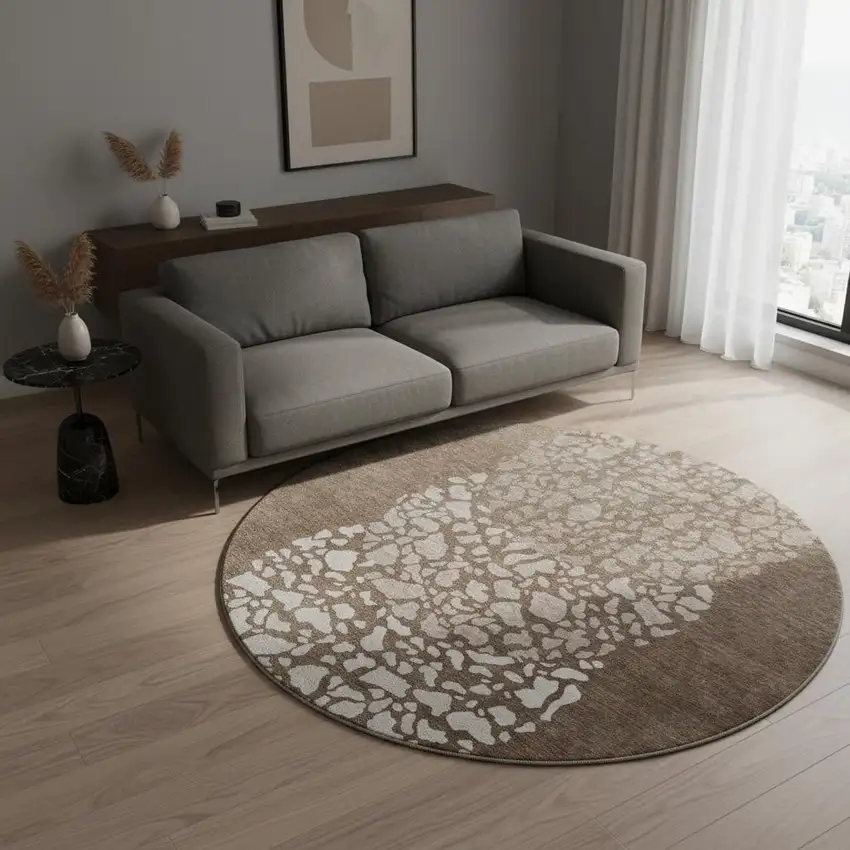 8' Chocolate And Ivory Abstract Washable Round Rug With UV Protection Photo 2