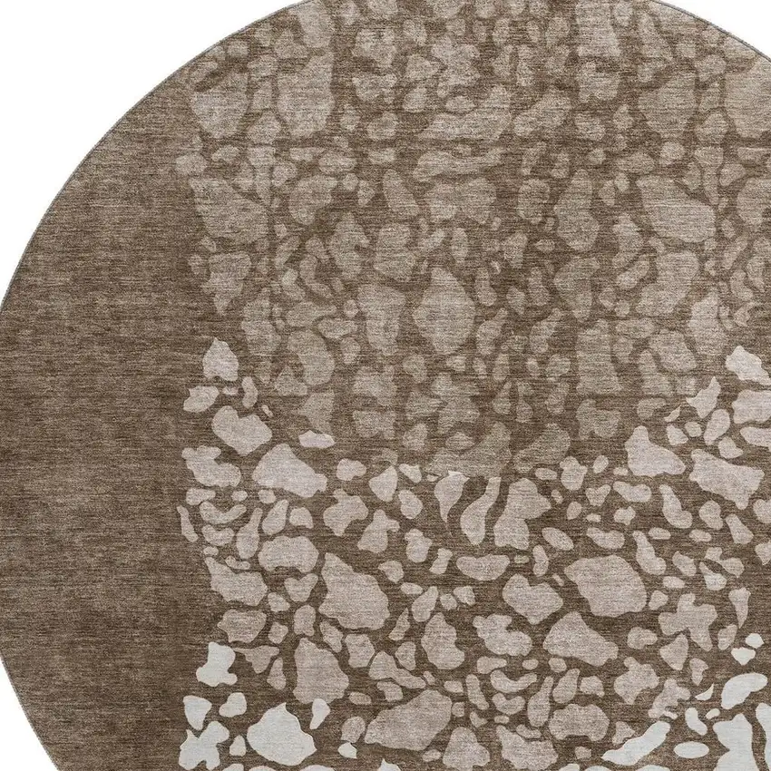 8' Chocolate And Ivory Abstract Washable Round Rug With UV Protection Photo 3