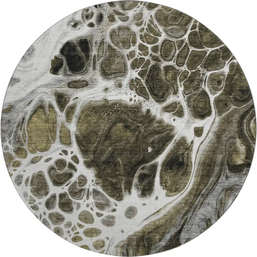 8' Chocolate And Ivory Abstract Washable Round Rug With UV Protection Photo 1