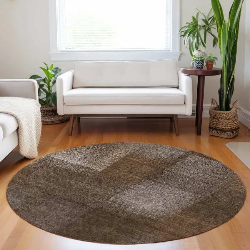 8' Chocolate And Ivory Abstract Washable Round Rug With UV Protection Photo 4