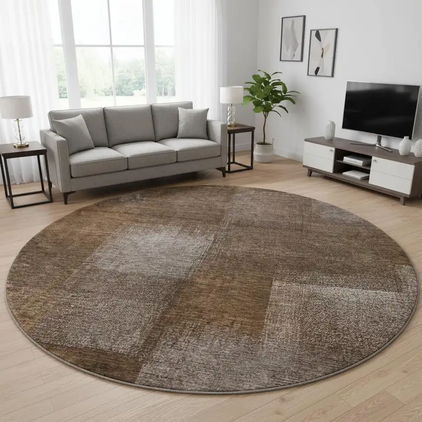 8' Chocolate And Ivory Abstract Washable Round Rug With UV Protection Photo 2