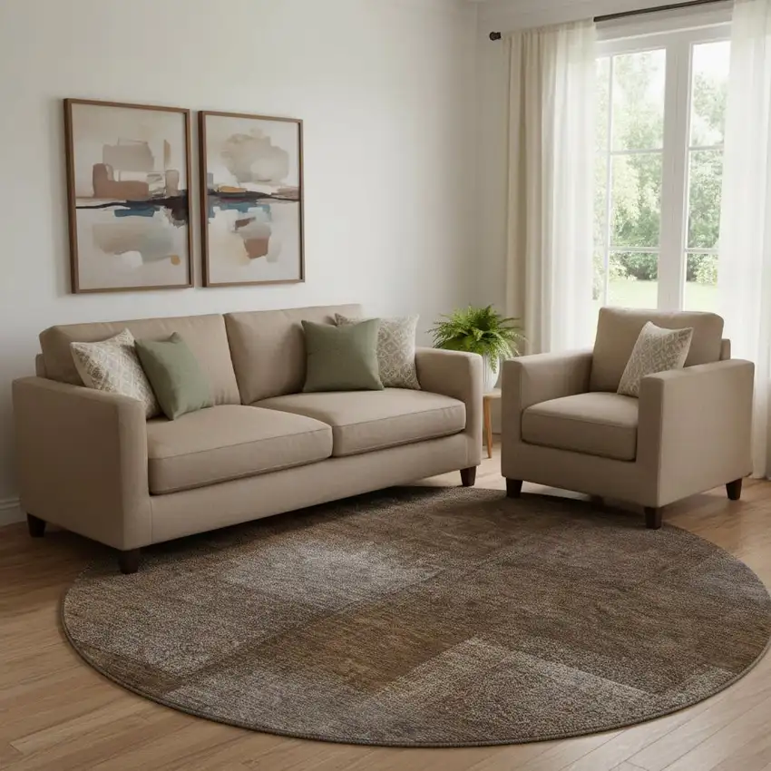 8' Chocolate And Ivory Abstract Washable Round Rug With UV Protection Photo 1