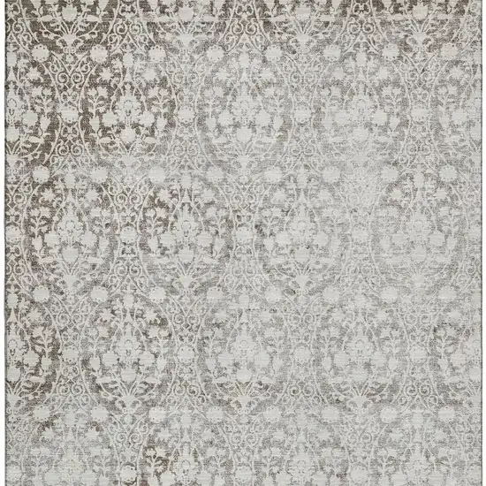 8' Chocolate And Ivory Damask Washable Area Rug With UV Protection Photo 3