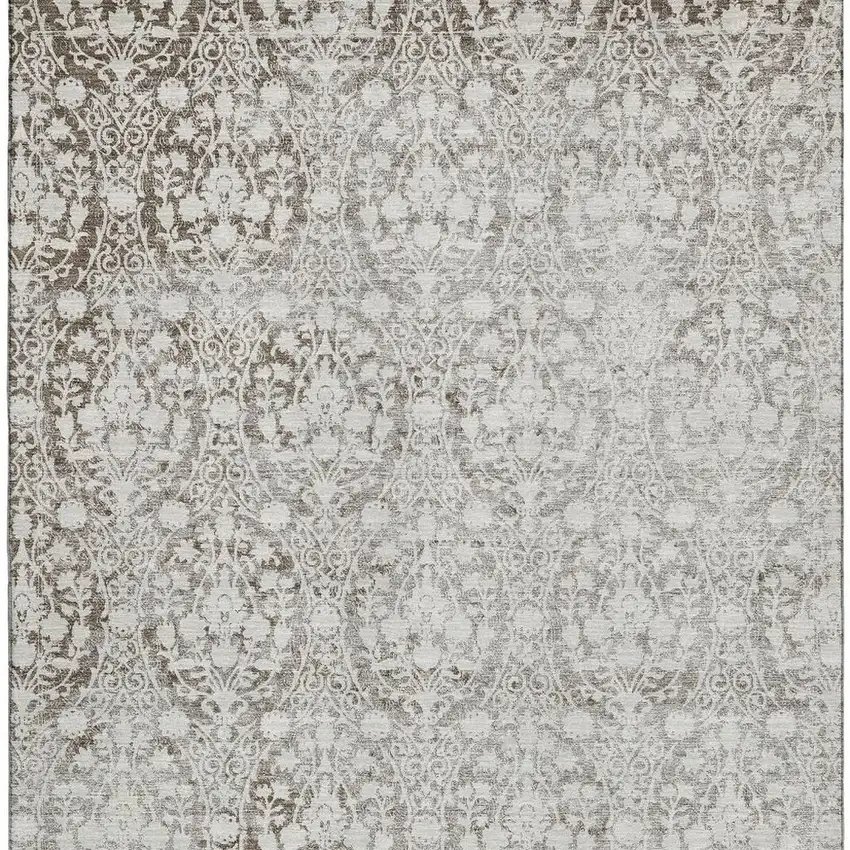 8' Chocolate And Ivory Damask Washable Area Rug With UV Protection Photo 3