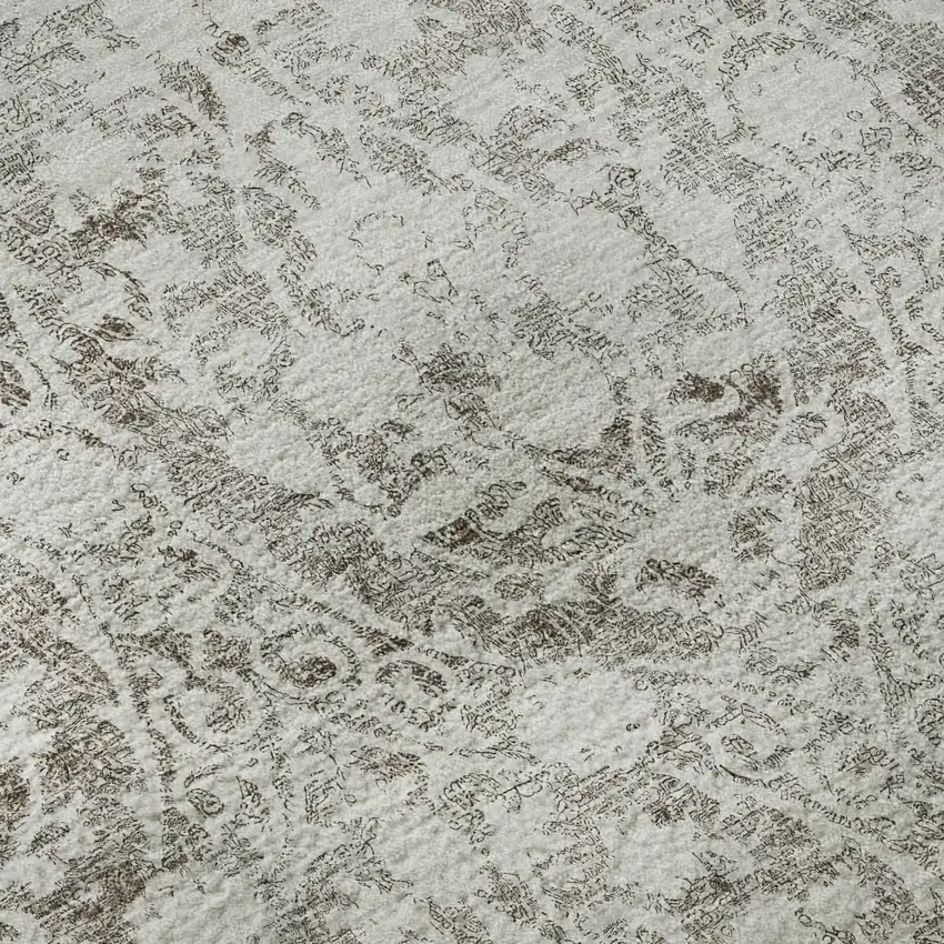 8' Chocolate And Ivory Damask Washable Area Rug With UV Protection Photo 9