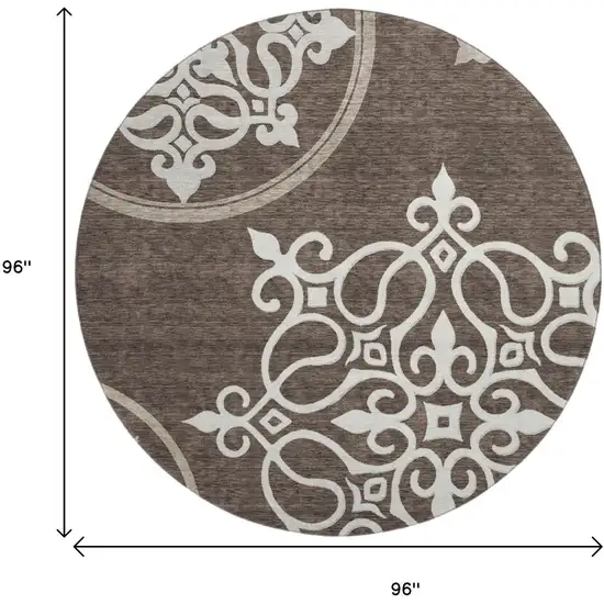 8' Chocolate And Ivory Floral Medallion Washable Round Rug With UV Protection Photo 8