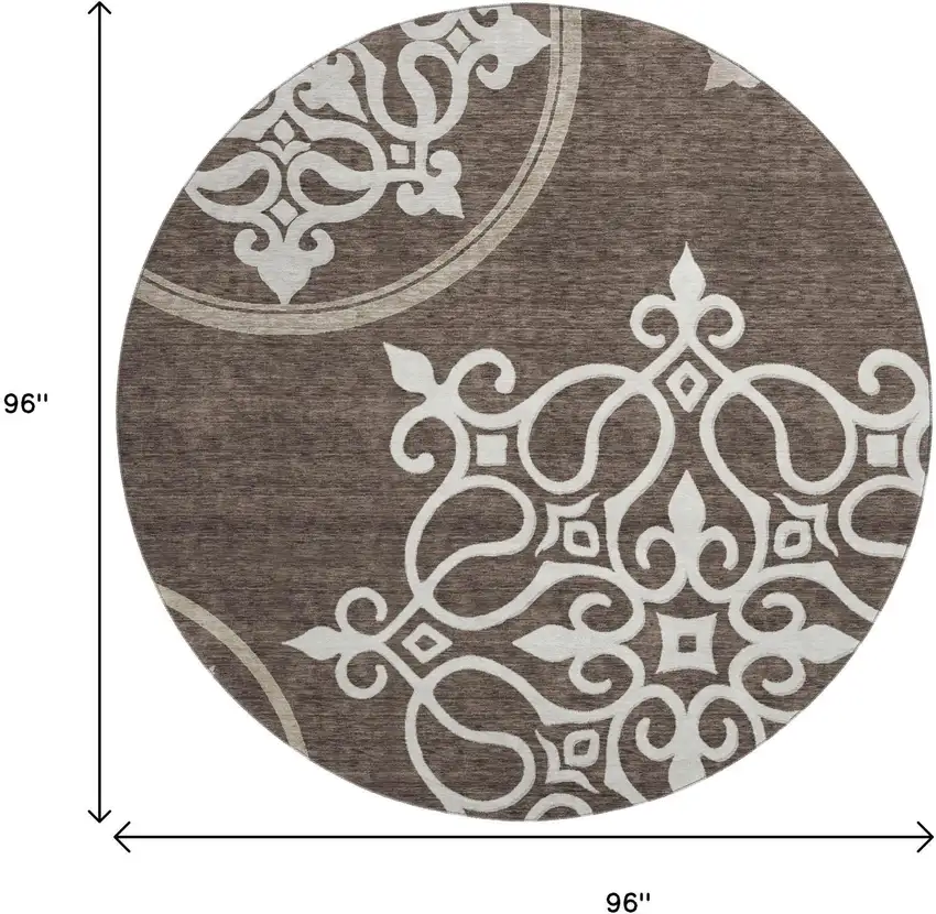8' Chocolate And Ivory Floral Medallion Washable Round Rug With UV Protection Photo 8