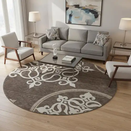8' Chocolate And Ivory Floral Medallion Washable Round Rug With UV Protection Photo 2