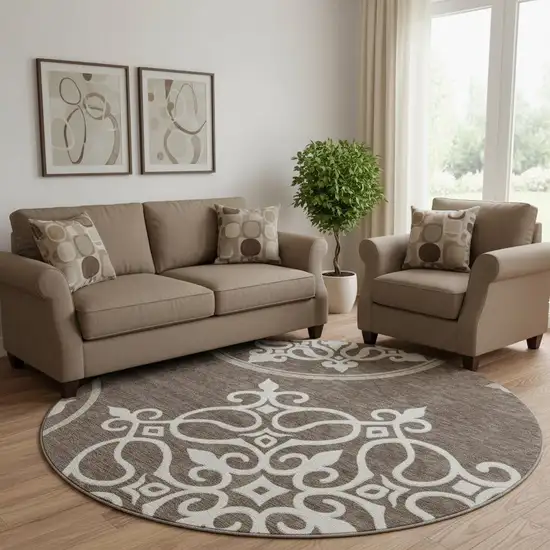 8' Chocolate And Ivory Floral Medallion Washable Round Rug With UV Protection Photo 1