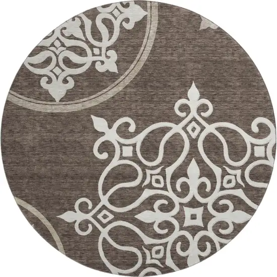 8' Chocolate And Ivory Floral Medallion Washable Round Rug With UV Protection Photo 1