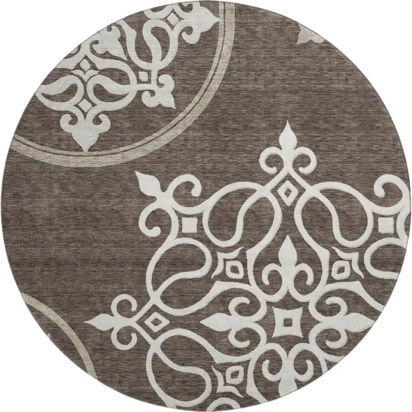 8' Chocolate And Ivory Floral Medallion Washable Round Rug With UV Protection Photo 1