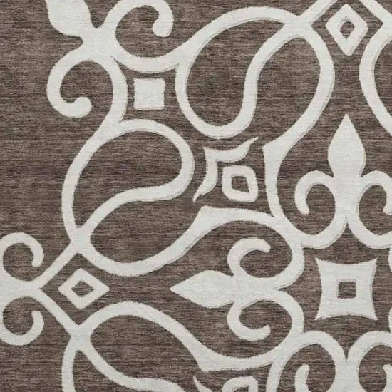 8' Chocolate And Ivory Floral Medallion Washable Round Rug With UV Protection Photo 3