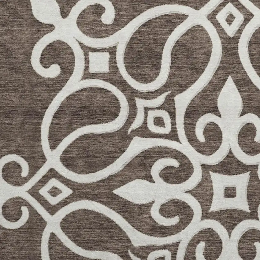 8' Chocolate And Ivory Floral Medallion Washable Round Rug With UV Protection Photo 3