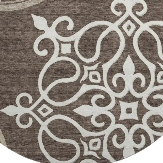 8' Chocolate And Ivory Floral Medallion Washable Round Rug With UV Protection Photo 4
