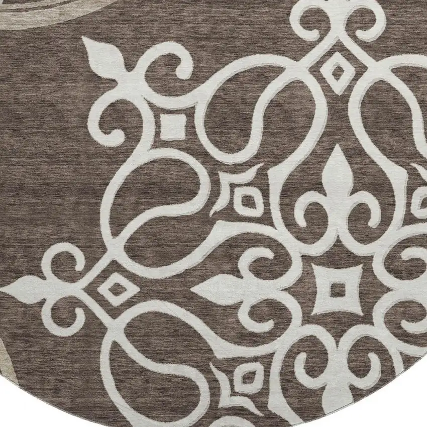 8' Chocolate And Ivory Floral Medallion Washable Round Rug With UV Protection Photo 4