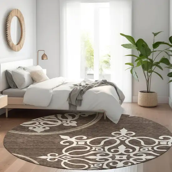 8' Chocolate And Ivory Floral Medallion Washable Round Rug With UV Protection Photo 5