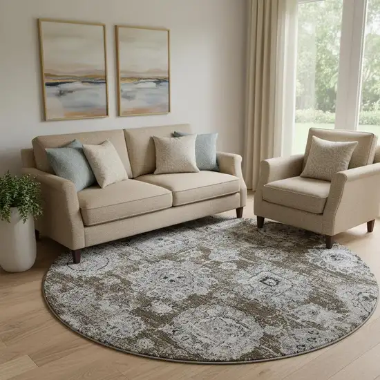 8' Chocolate And Ivory Floral Washable Round Rug With UV Protection Photo 1