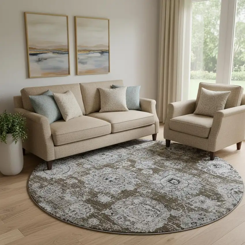 8' Chocolate And Ivory Floral Washable Round Rug With UV Protection Photo 1