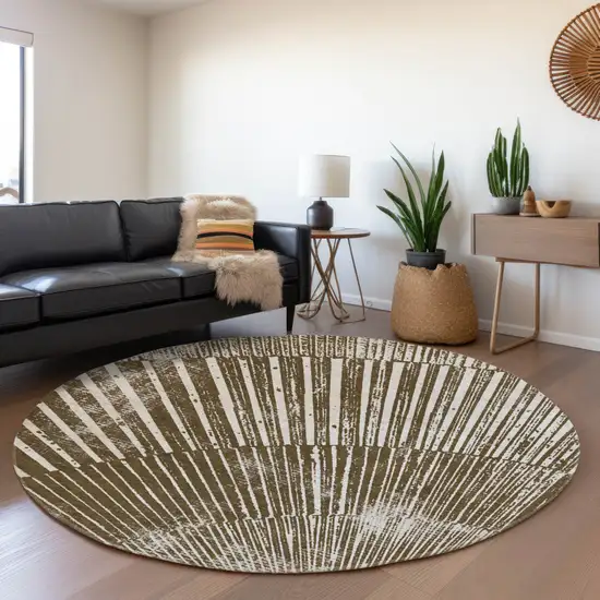 8' Chocolate And Ivory Geometric Washable Round Rug With UV Protection Photo 5