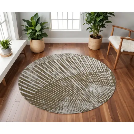 8' Chocolate And Ivory Geometric Washable Round Rug With UV Protection Photo 2