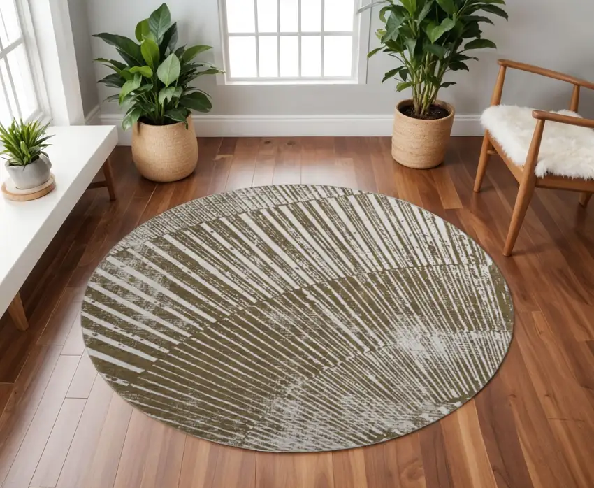 8' Chocolate And Ivory Geometric Washable Round Rug With UV Protection Photo 2