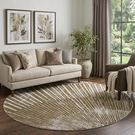 8' Chocolate And Ivory Geometric Washable Round Rug With UV Protection Photo 1