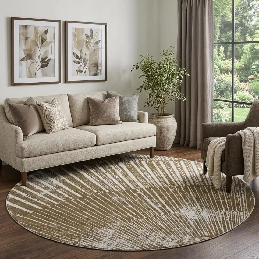 8' Chocolate And Ivory Geometric Washable Round Rug With UV Protection Photo 1