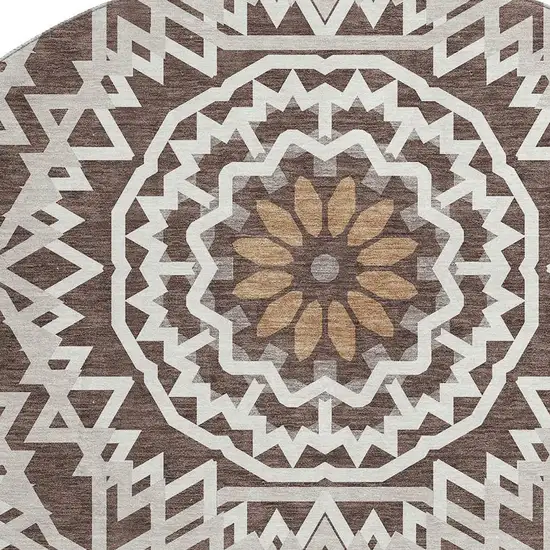 8' Chocolate And Ivory Geometric Washable Round Rug With UV Protection Photo 3