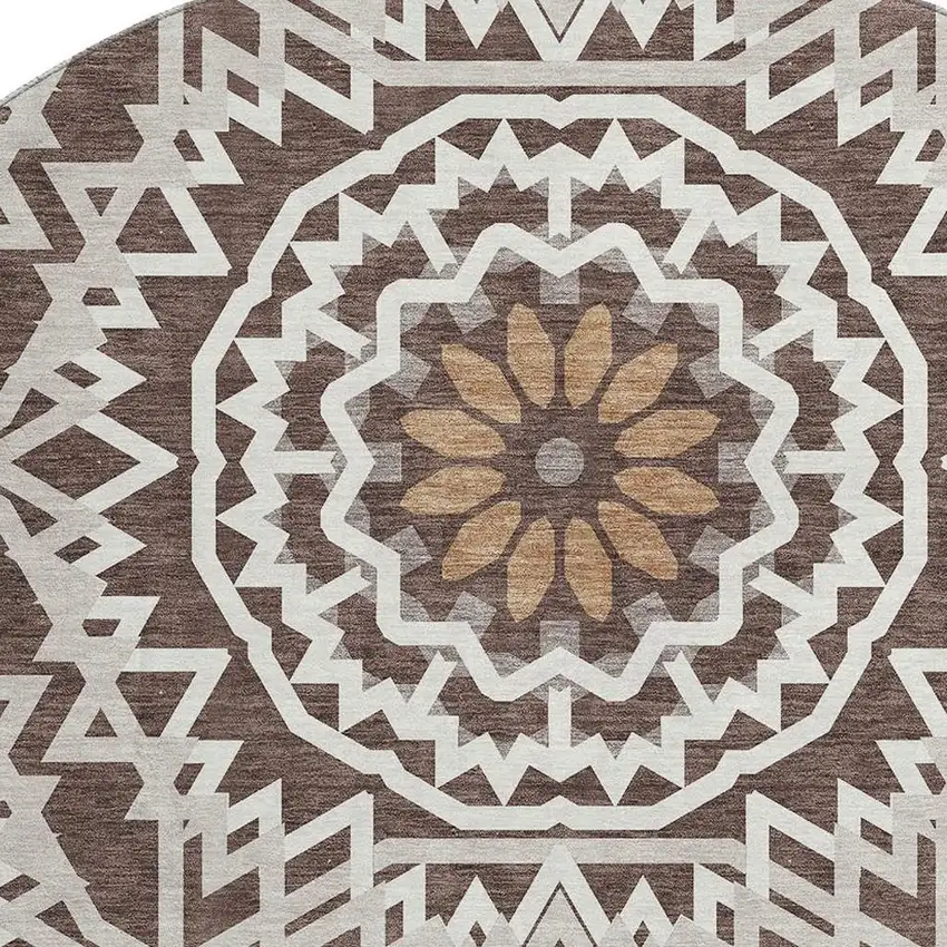 8' Chocolate And Ivory Geometric Washable Round Rug With UV Protection Photo 3