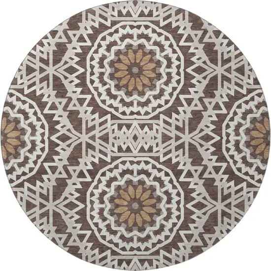 8' Chocolate And Ivory Geometric Washable Round Rug With UV Protection Photo 4