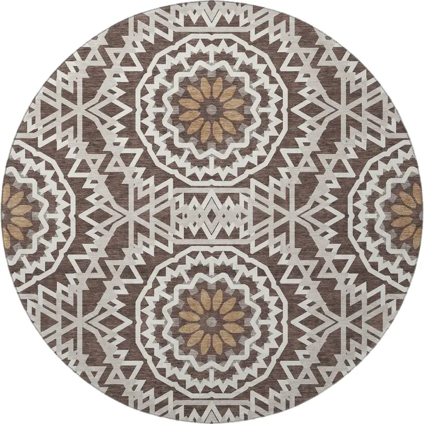 8' Chocolate And Ivory Geometric Washable Round Rug With UV Protection Photo 4