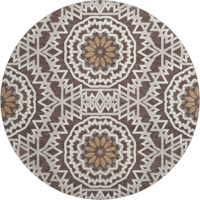 8' Chocolate And Ivory Geometric Washable Round Rug With UV Protection Photo 1