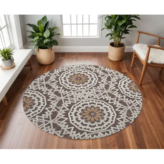 8' Chocolate And Ivory Geometric Washable Round Rug With UV Protection Photo 2