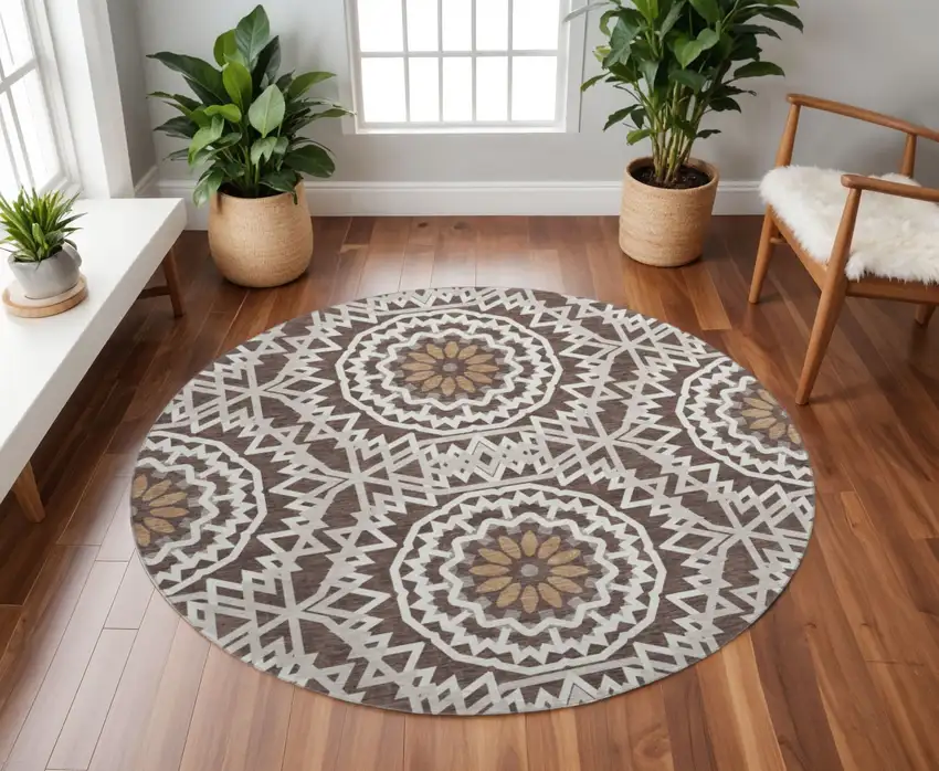 8' Chocolate And Ivory Geometric Washable Round Rug With UV Protection Photo 2