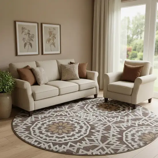 8' Chocolate And Ivory Geometric Washable Round Rug With UV Protection Photo 1