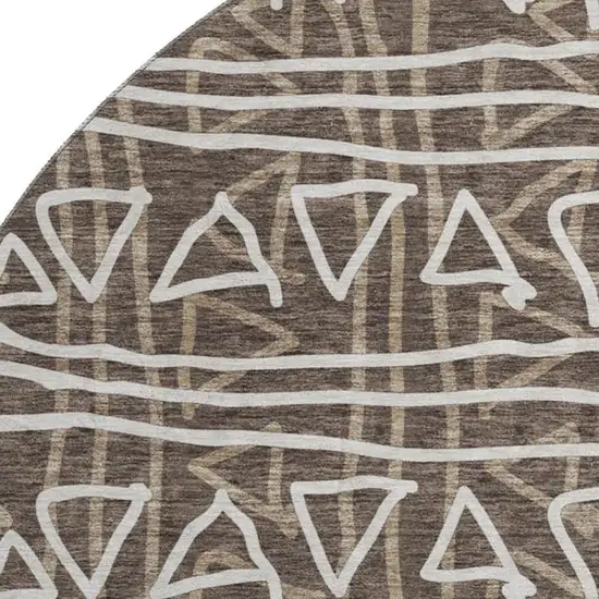 8' Chocolate And Ivory Geometric Washable Round Rug With UV Protection Photo 3