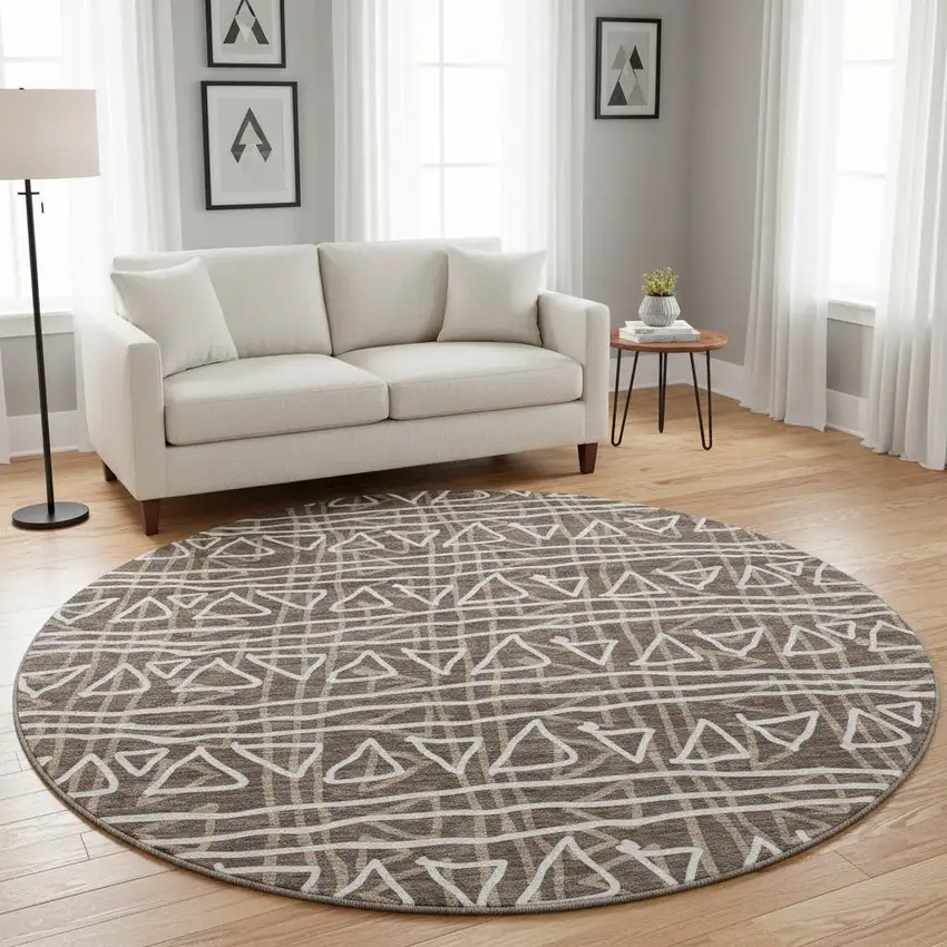 8' Chocolate And Ivory Geometric Washable Round Rug With UV Protection Photo 2