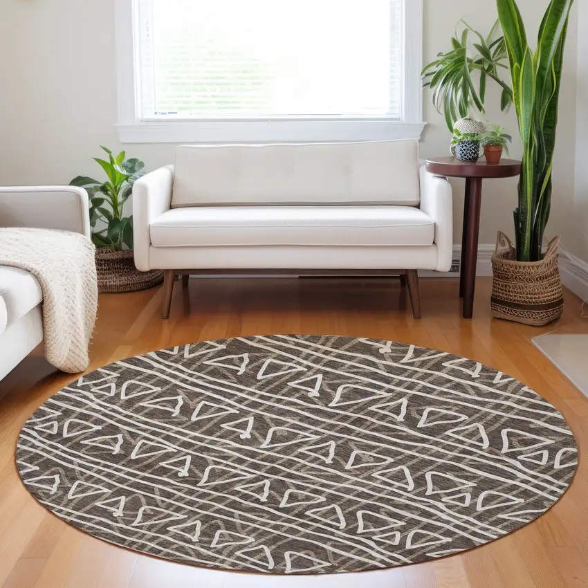 8' Chocolate And Ivory Geometric Washable Round Rug With UV Protection Photo 5