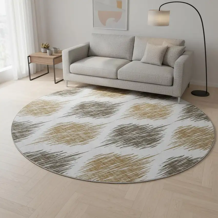 8' Chocolate And Ivory Ikat Washable Round Rug With UV Protection Photo 2