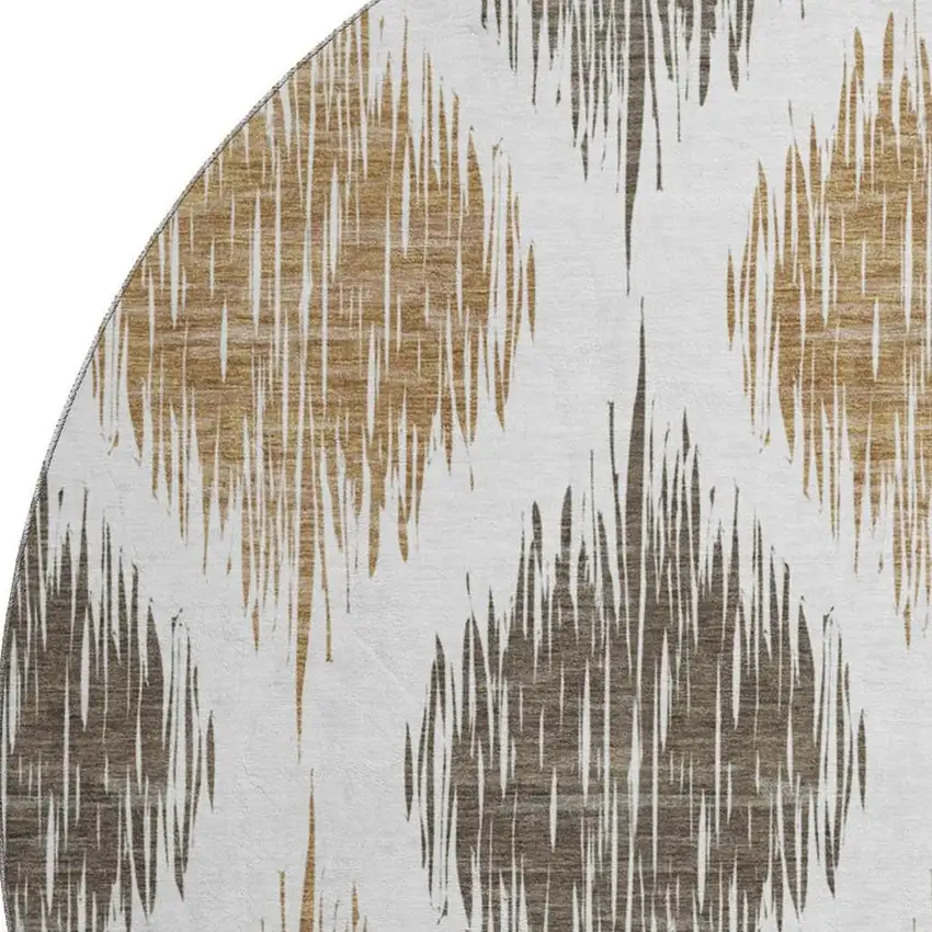 8' Chocolate And Ivory Ikat Washable Round Rug With UV Protection Photo 4