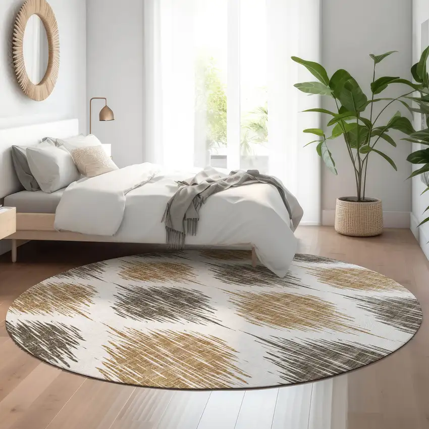 8' Chocolate And Ivory Ikat Washable Round Rug With UV Protection Photo 5